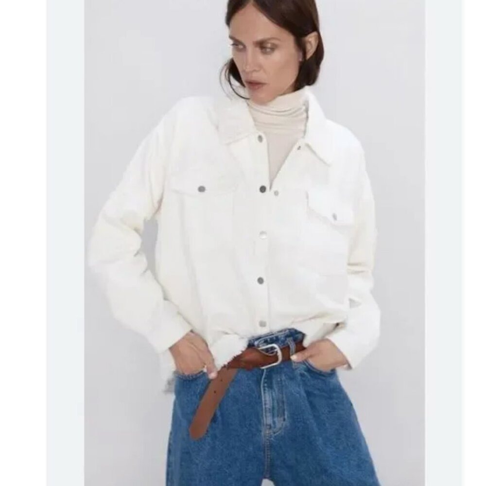 Zara White‎ Corduroy Oversized Shacket Size L Raw Hem Boho Coastal Cowgirl